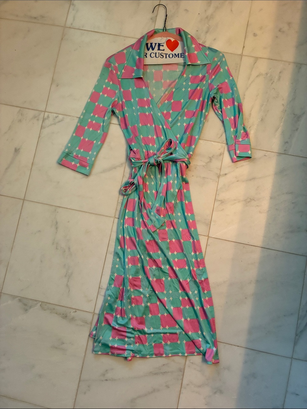 Silk Midi Dress in Pink and Mint - Unbranded